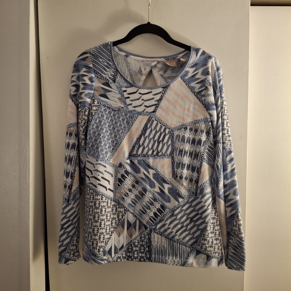 Chico's Women's Geometric Blue and White Long Sleeve Top